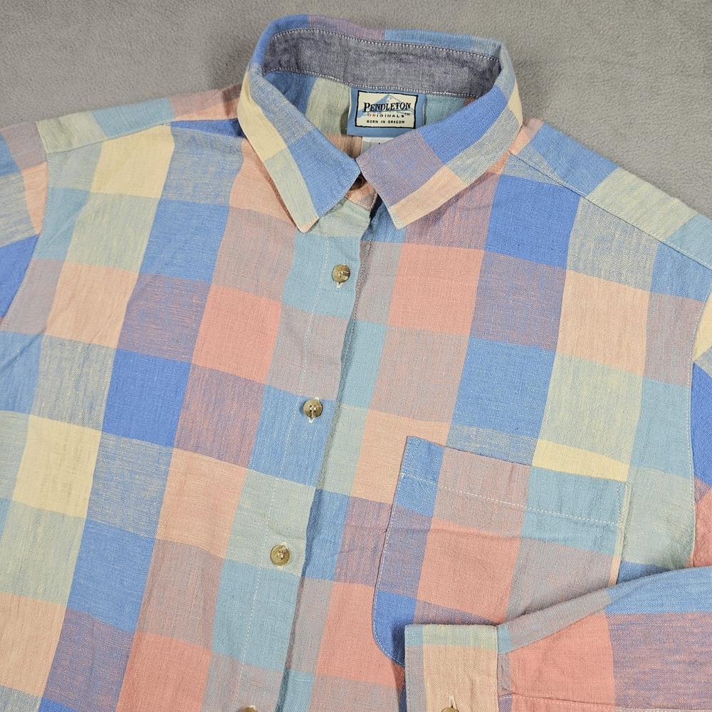 VTG Pendleton Originals Shirt Mens Large Linen Blend Plaid Button Down Colorful